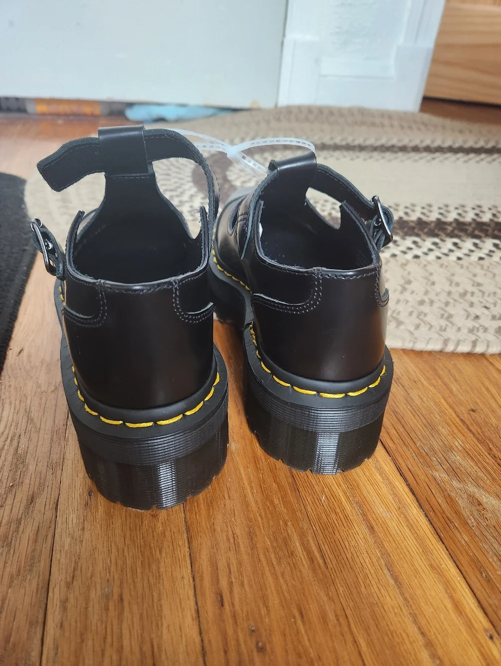 Dr. Martens Bethan Black Mary Jane Shoes with Yellow Stitch Accent